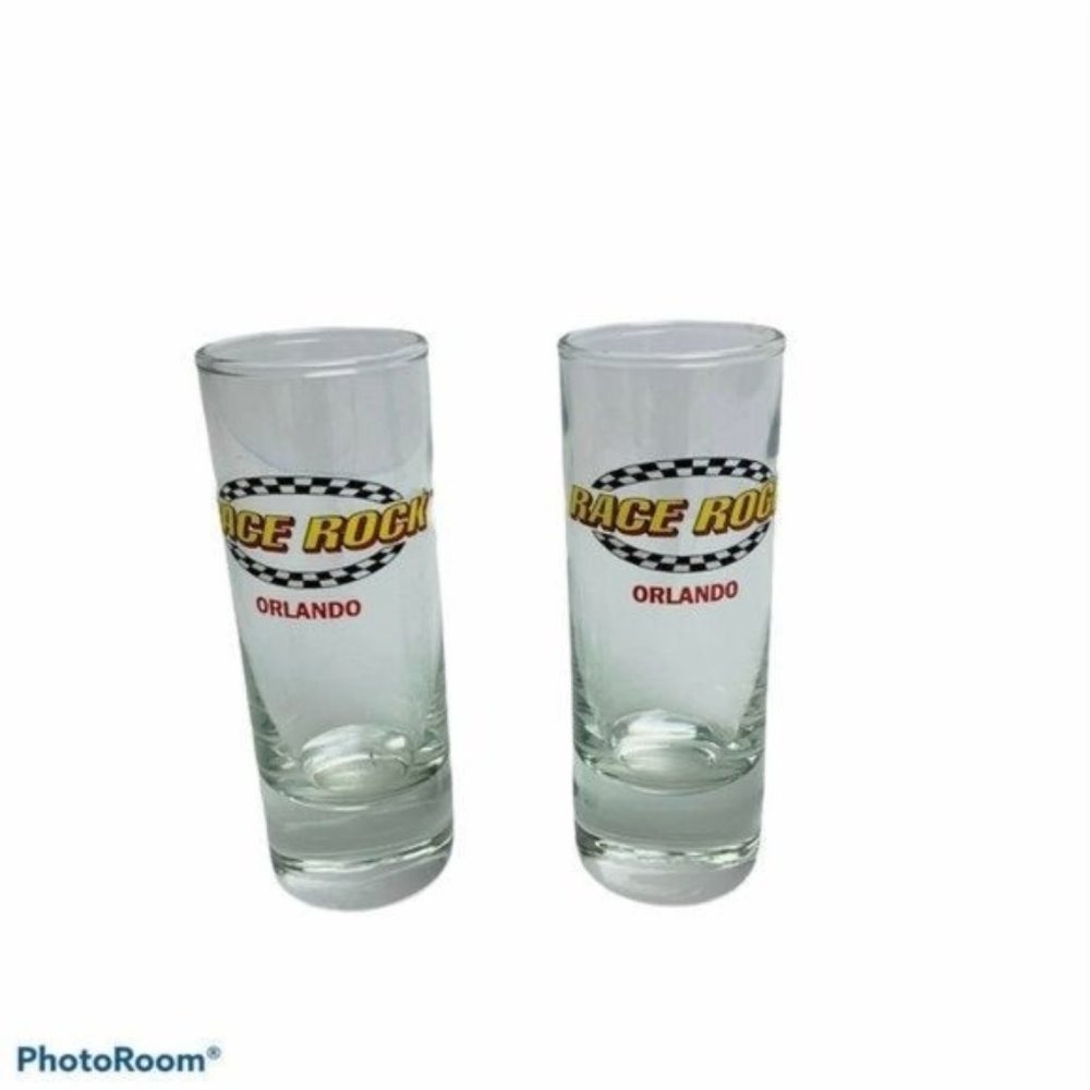 Race Rock Orlando Shot Glass Shooter Lot of 2 Racetrack Logo Barware Mancave